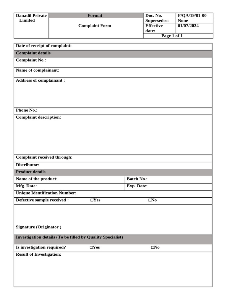 Complaint Form F QA 19-01-00 | PDF