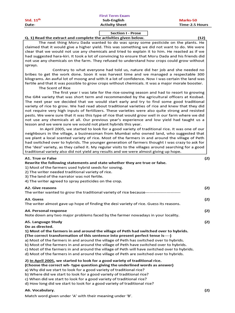 Std. 11 English Prose Exam Activities | PDF | Rice