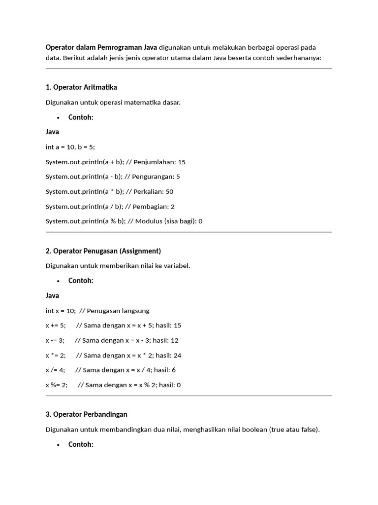 Panduan Lengkap Operator dan Tipe Data Java | PDF
