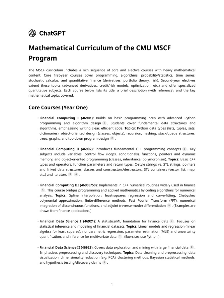 CMU MSCF Mathematical Curriculum Overview | PDF | Option (Finance ...