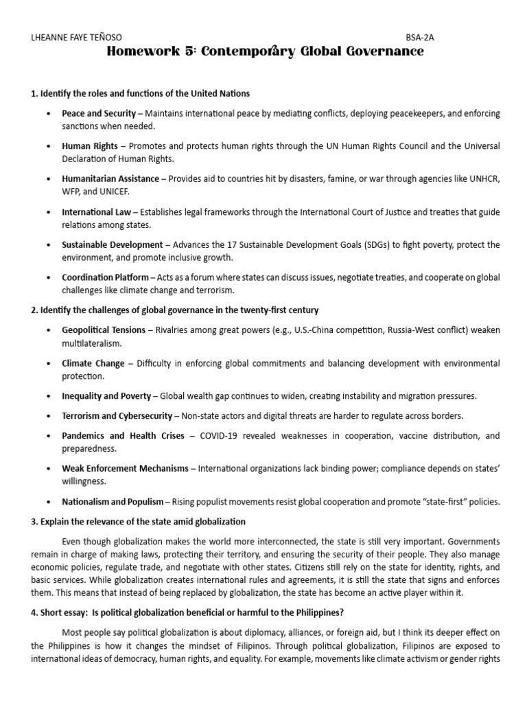 UN Roles and Global Governance Challenges | PDF | Globalization ...