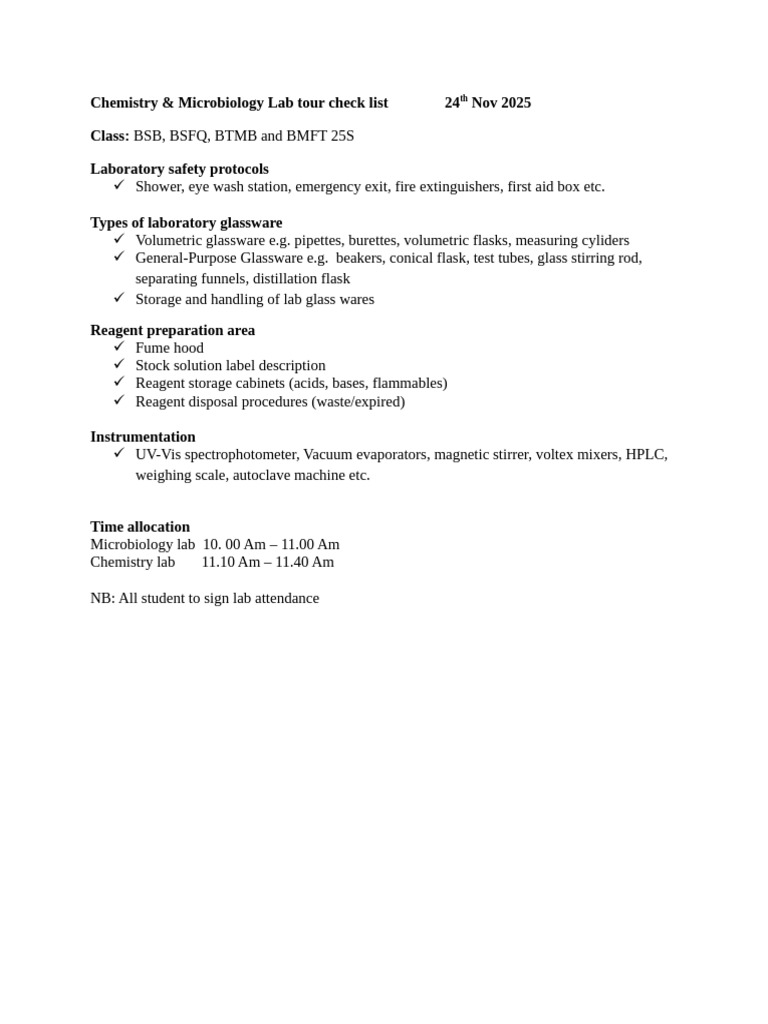 Chemistry & Microbiology Lab Tour Check List | PDF