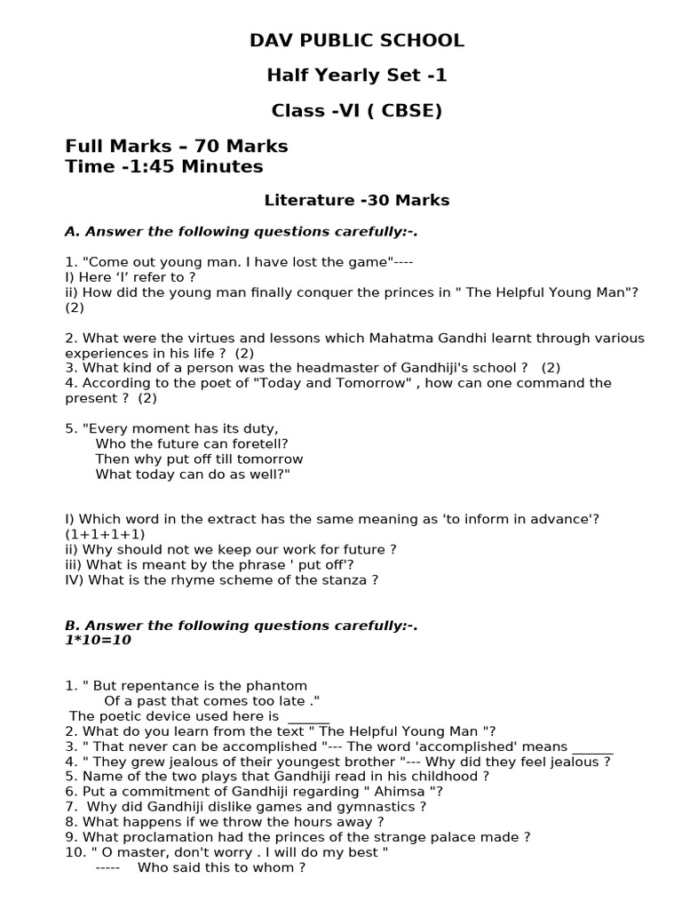 Class VI Half Yearly Exam Paper - DAV School | PDF