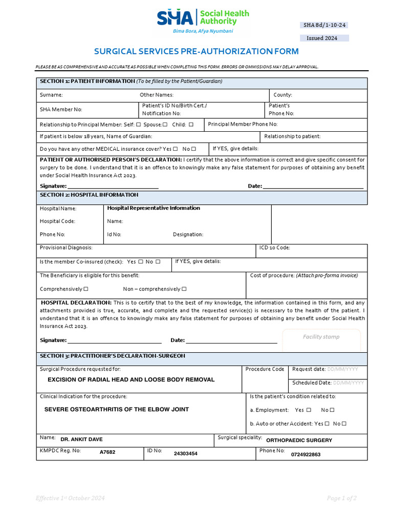 Surgical Services Pre-Authorization Form | PDF | Surgery | Anesthesia