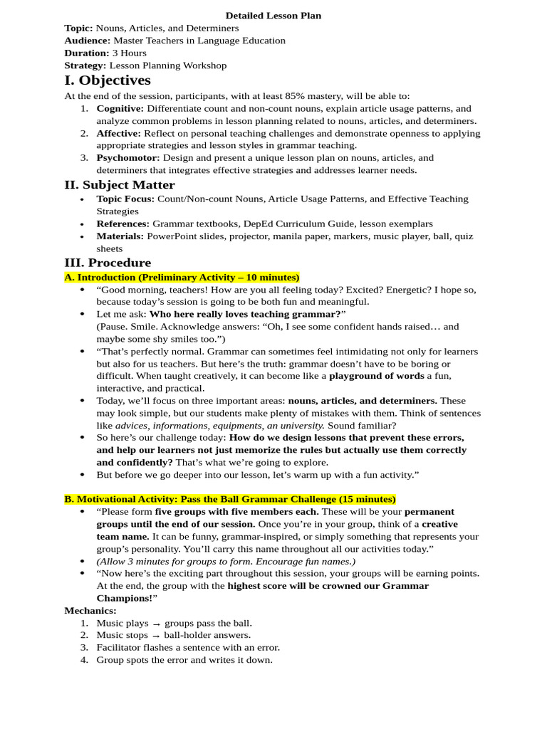 Nouns, Articles, and Determiners Workshop | PDF | Lesson Plan | Learning