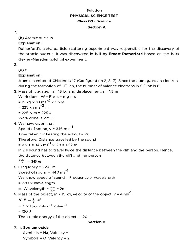 Solutions To Physical Science Test JNV | PDF | Proton | Atoms