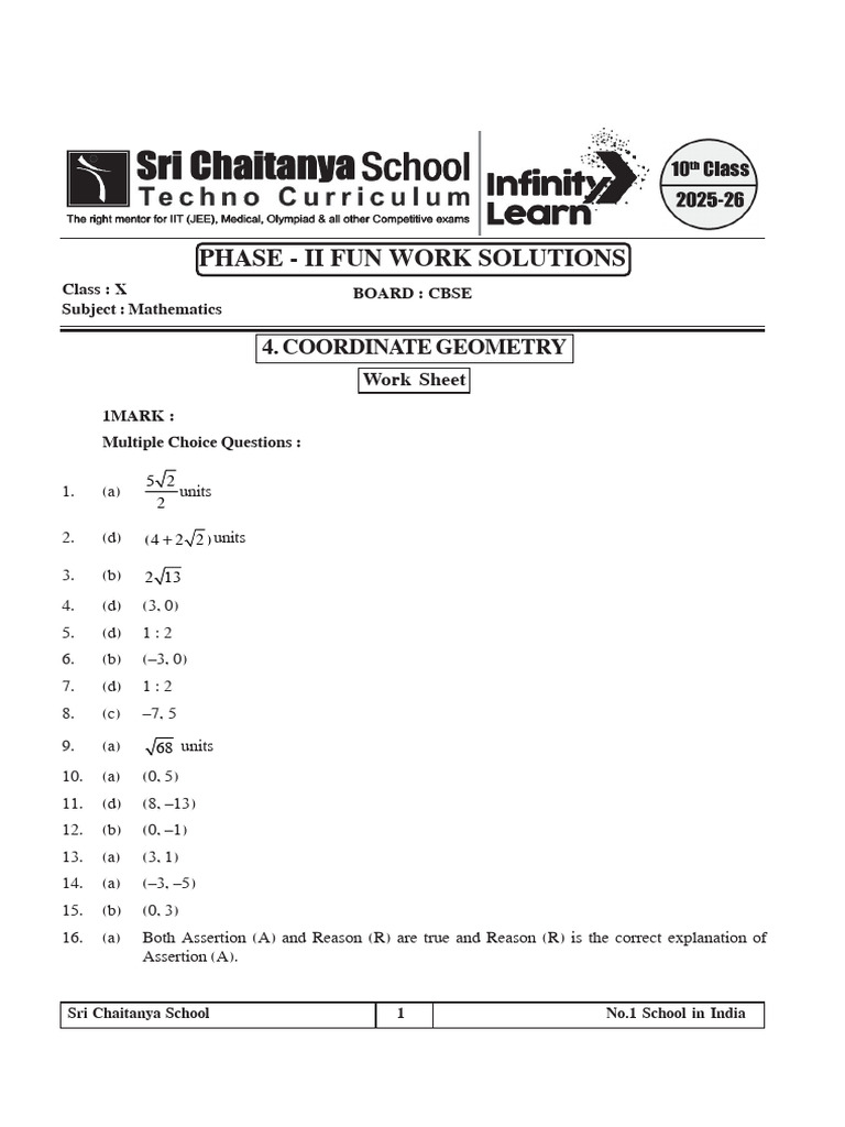 Cbse Math PH - II Fun Work Sheet - 4 Coordinate Geometry | PDF | Circle ...