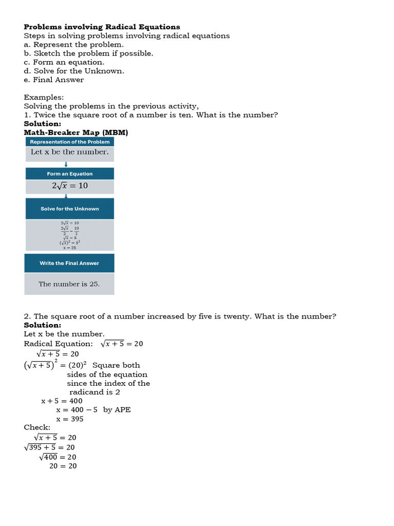 Problems Involving Radical Equations | PDF