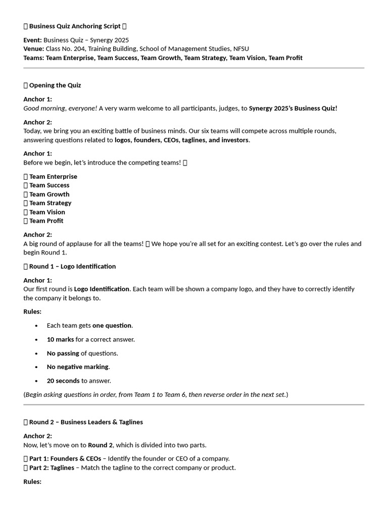 Business Quiz Script for Synergy 2025 | PDF