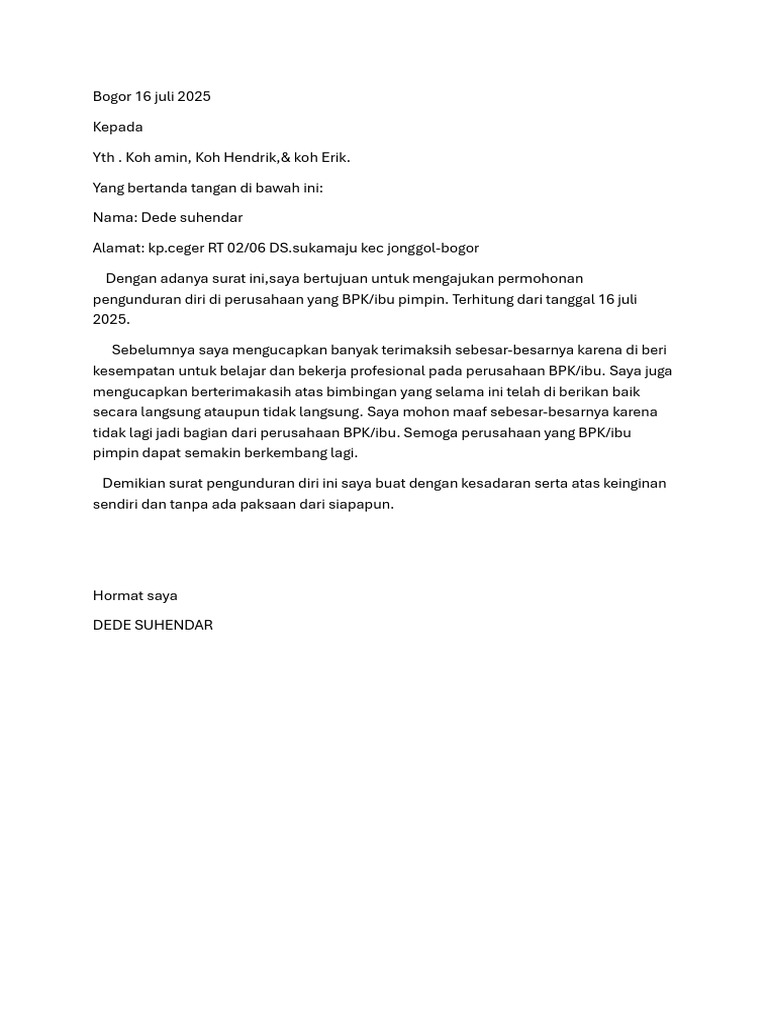 Surat Pengunduran Diri Dede Suhendar | PDF