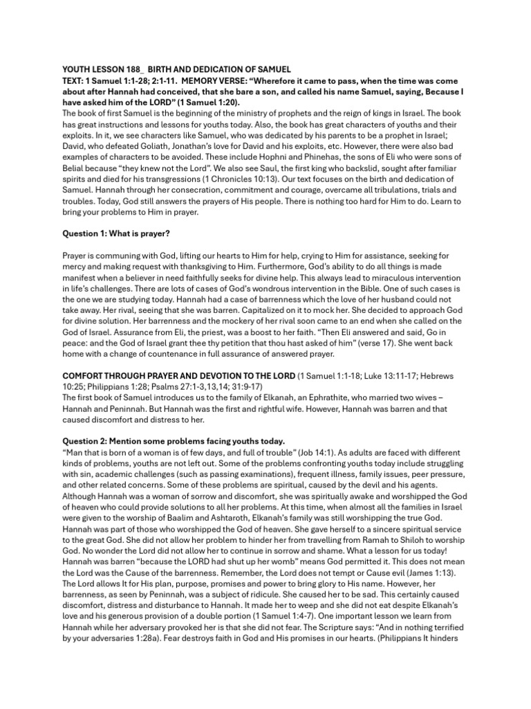 Birth and Dedication of Samuel: Lessons for Youth | PDF | Samuel ...