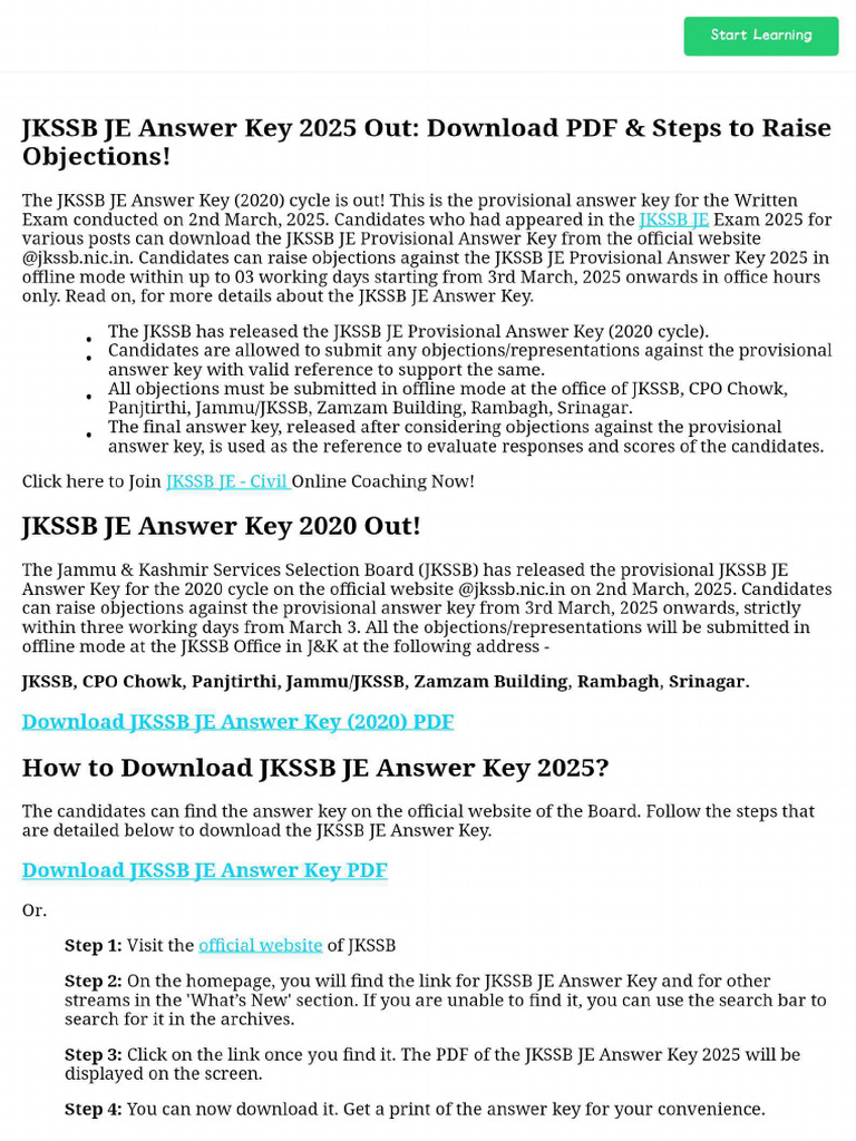 JKSSB JE Answer Key 2025 Out - Download PDF & Steps To Raise Objections ...
