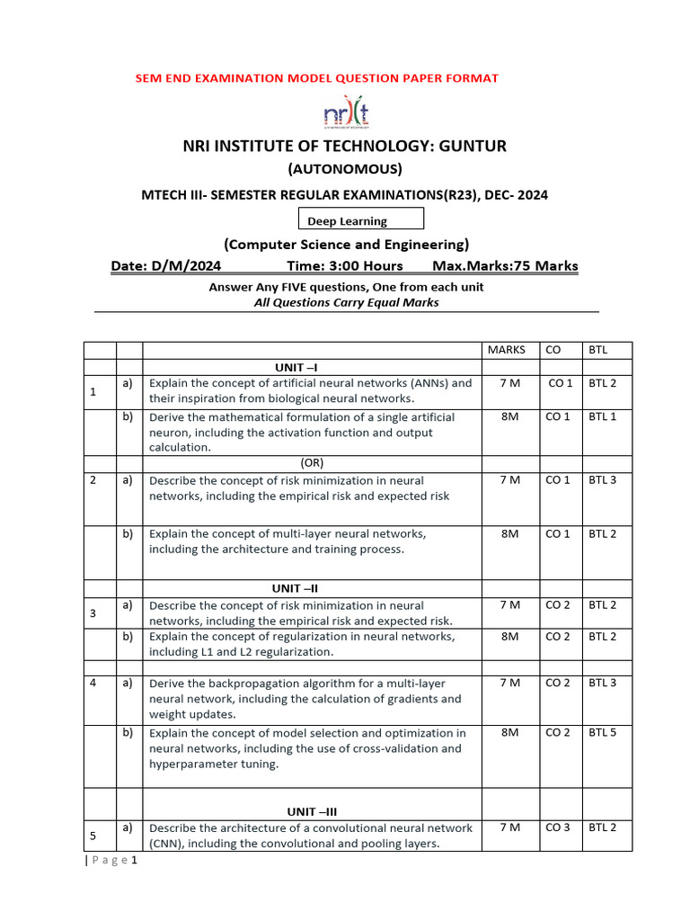 Deep Learning Exam Model Questions | PDF | Deep Learning ...
