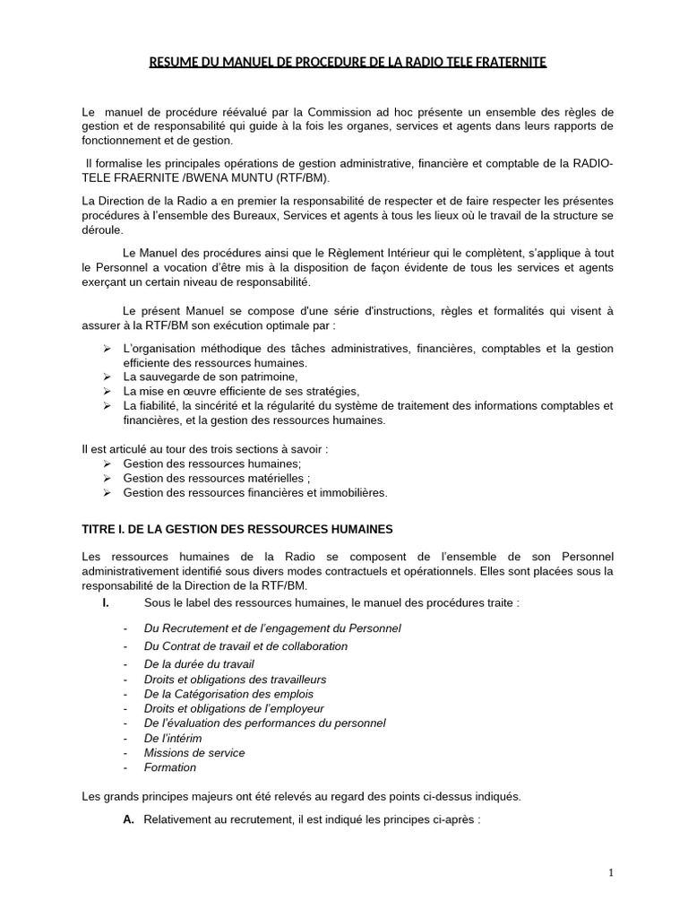 Manuel de Procédures RTF/BM: Gestion RH | PDF | Banques | Salaires