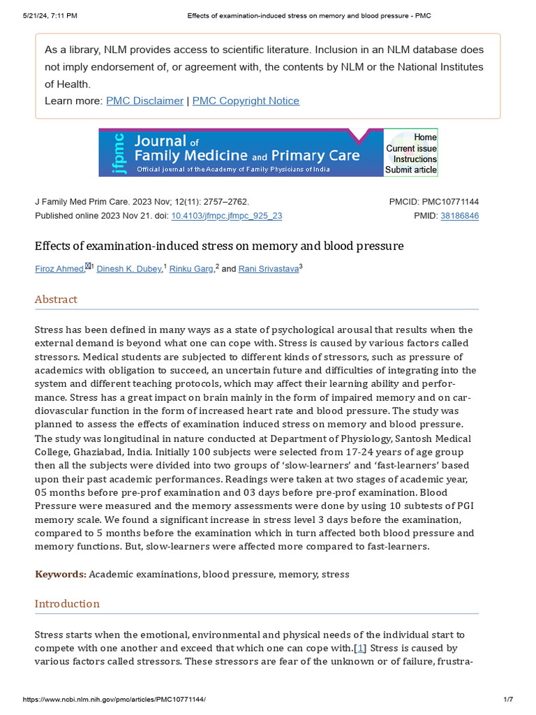 Exam Stress Effects on Memory & Blood Pressure | PDF | Stress (Biology ...