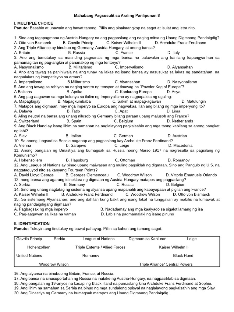 Mahabang Pagsusulit Sa Araling Panlipunan 8-3rd Quarter 1 | PDF