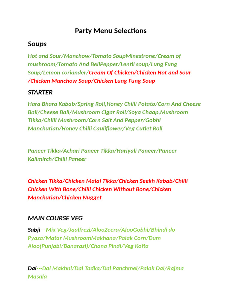 Party Menu Selections | PDF