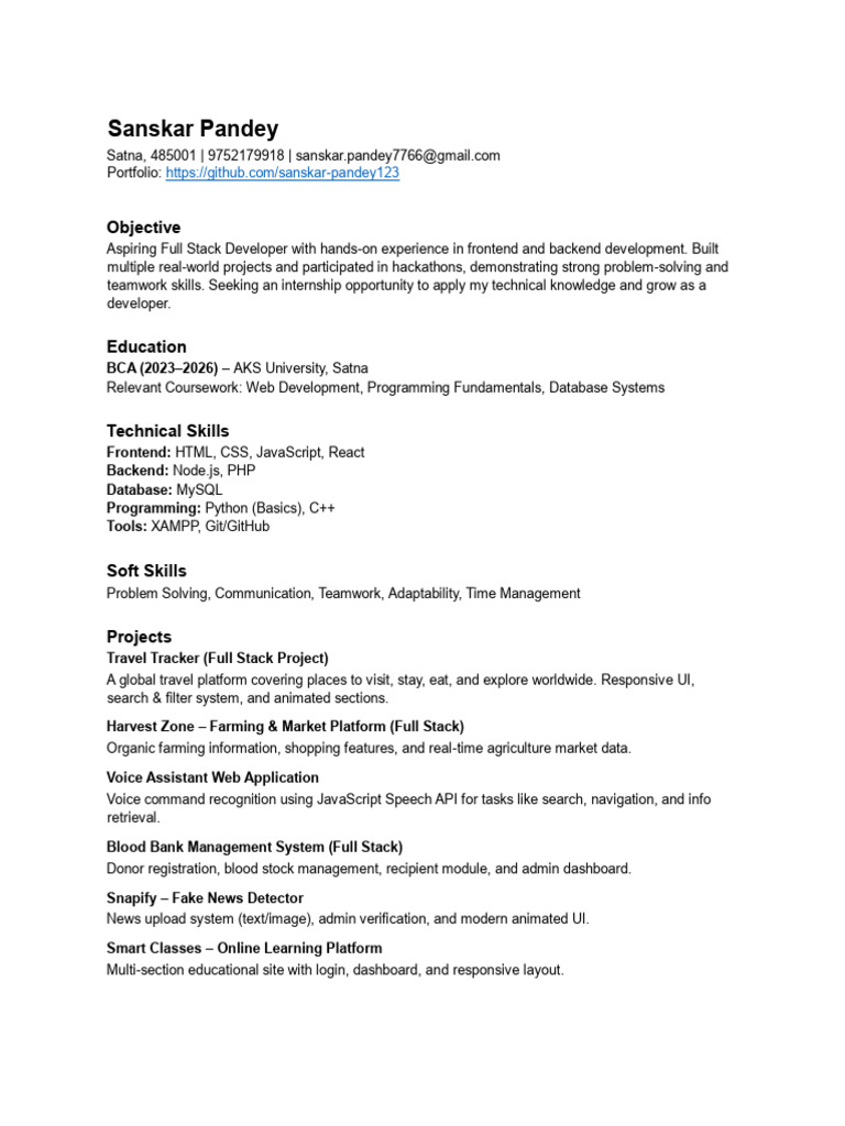 Aspiring Full Stack Developer Portfolio | PDF