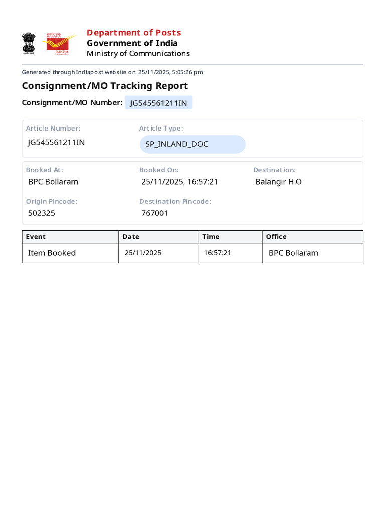 India Post Consignment Tracking Report | PDF
