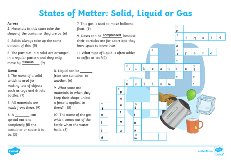 Y7 Crossword Puzzle PDF Gases Liquids