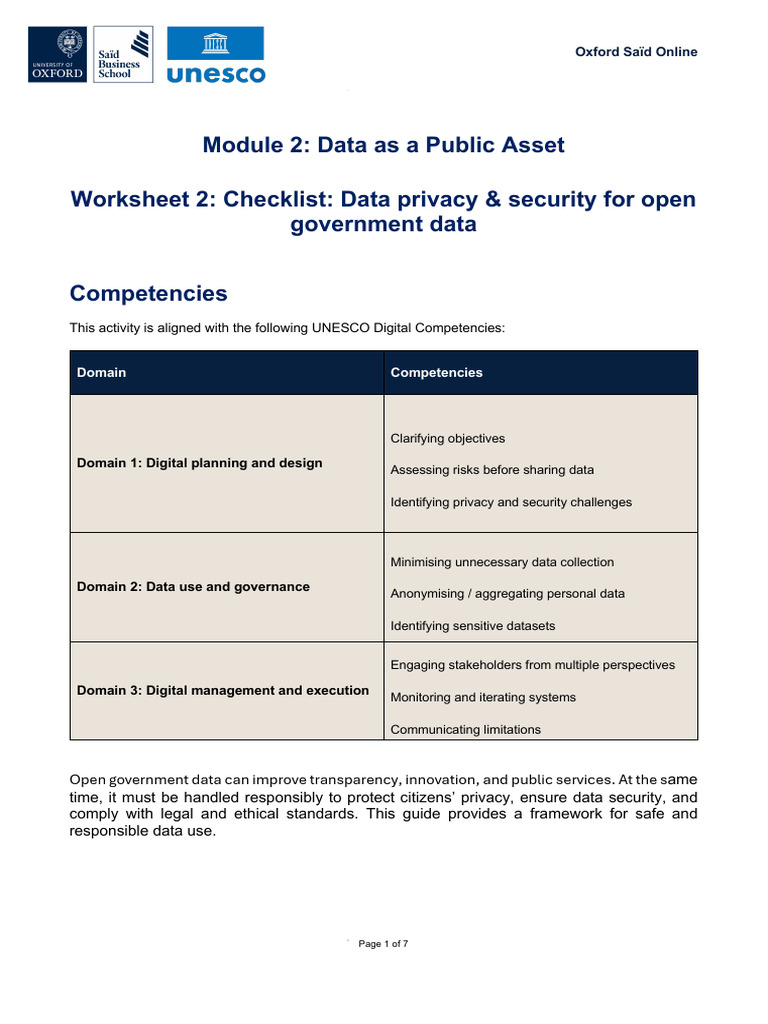 Module 2 - Worksheet 2 - Data Privacy & Security For Open Government ...