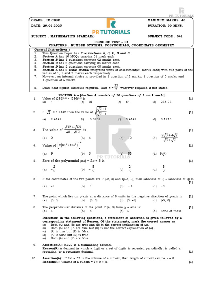 Cbse_ix_mathematics-periodic Test 01-Chap-01, 02, 03 - 29.06.2025 | PDF ...