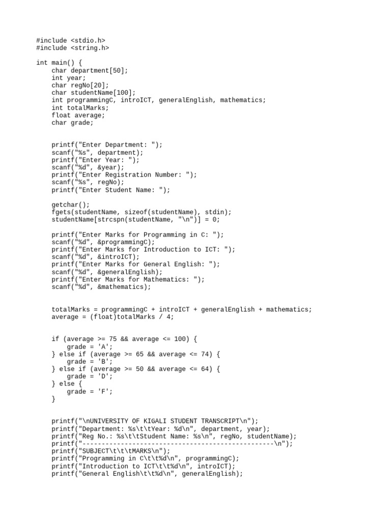 Student Transcript Generation in C | PDF