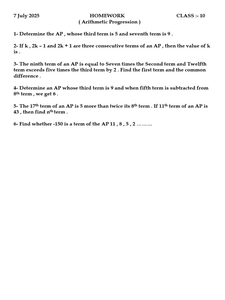 Class 10 Arithmetic Progression Homework | PDF