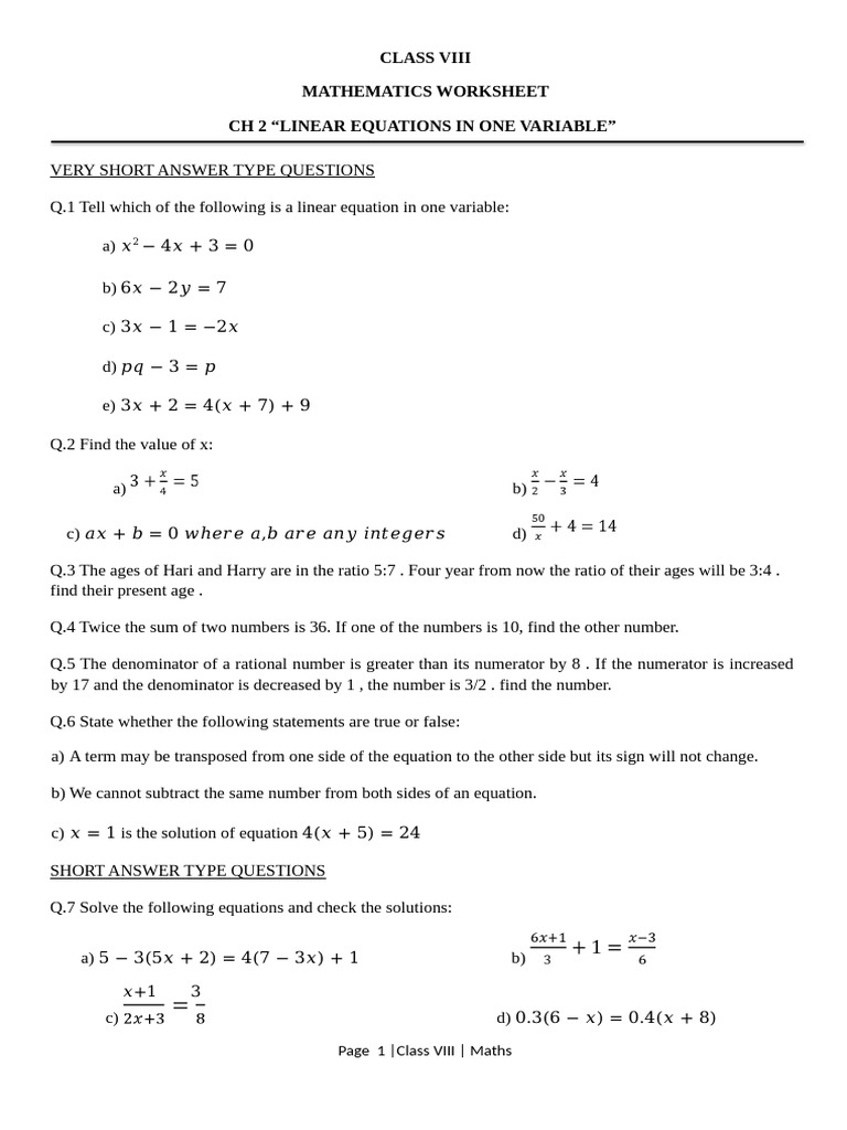 Class 8 CH 2 Linear Equations in One Variable May 19 | PDF | Numbers ...