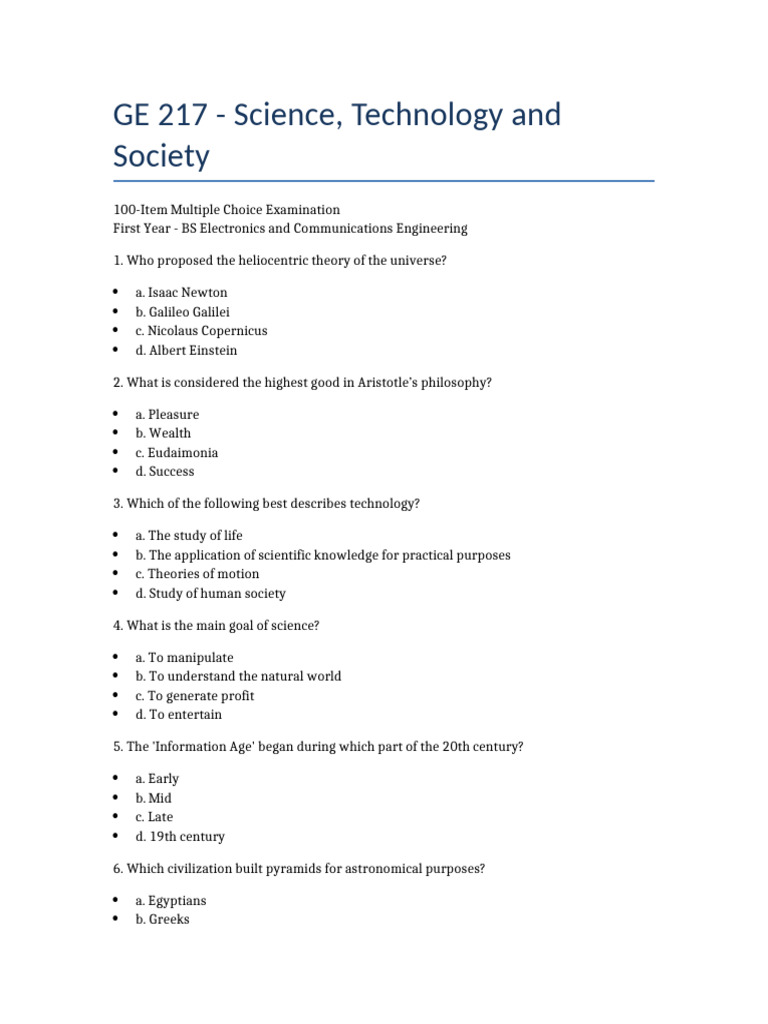 GE 217 Exam: Science, Tech & Society | PDF | Science | Carbon