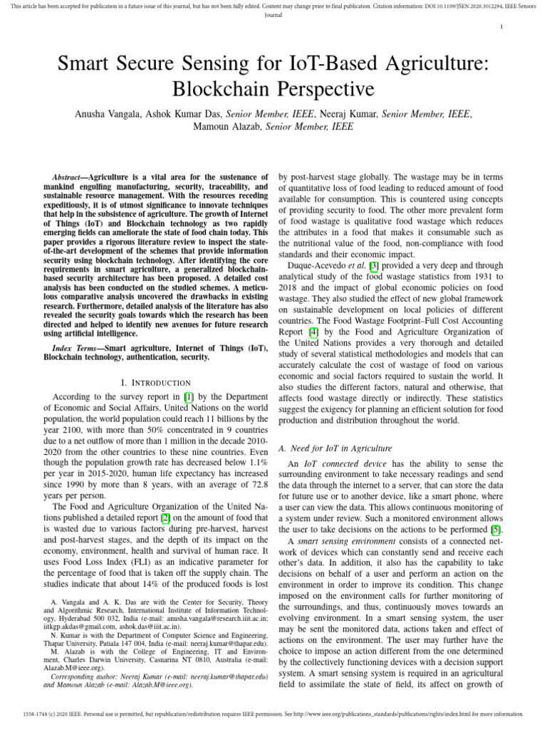 Smart Secure Sensing For Iot-Based Agriculture: Blockchain Perspective ...
