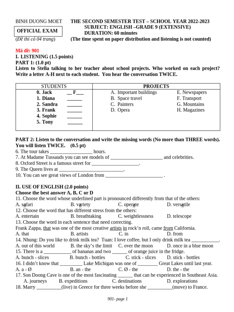 Grade 9 English Test - Semester 2 2022-2023 | PDF | English Language ...