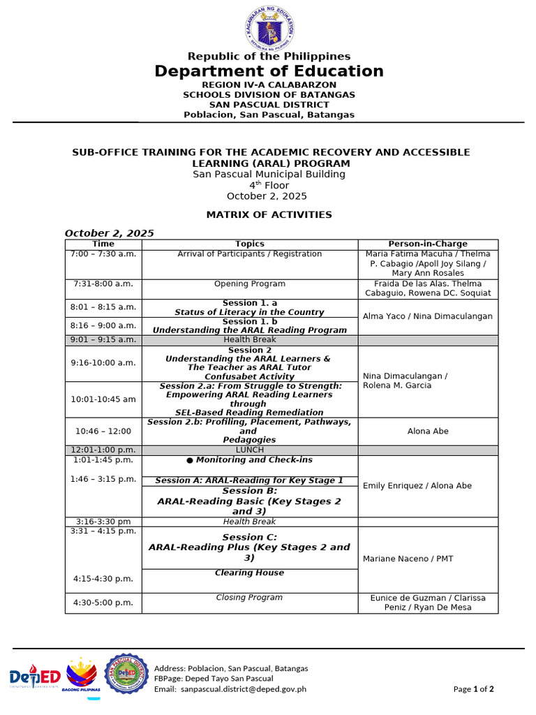 ARAL Program Training Schedule 2025 | PDF | Behavior Modification ...