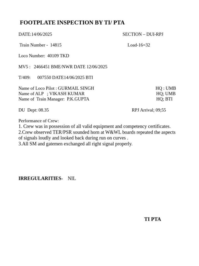 Footplate Inspection by Ti/ Pta: Irregularities | PDF