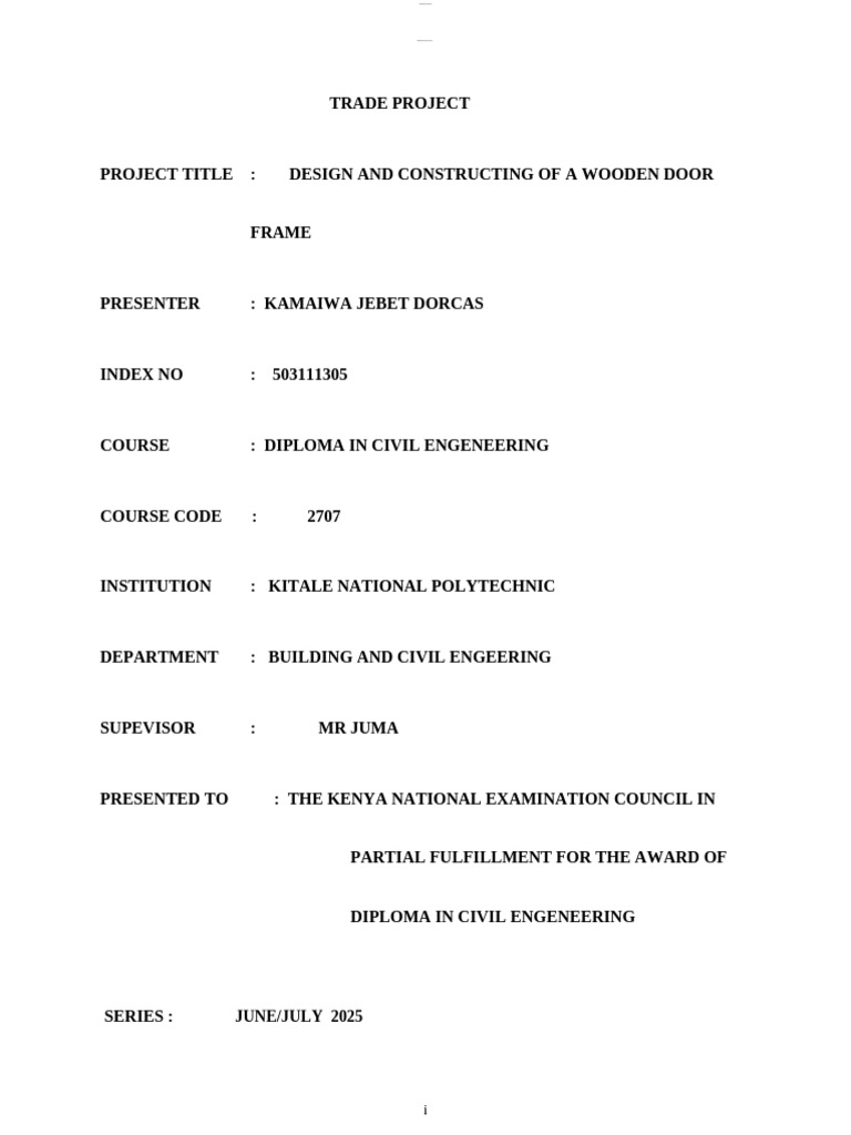 Trade Project - Doc Dorcas Kamaiwa | PDF | Door | Wood