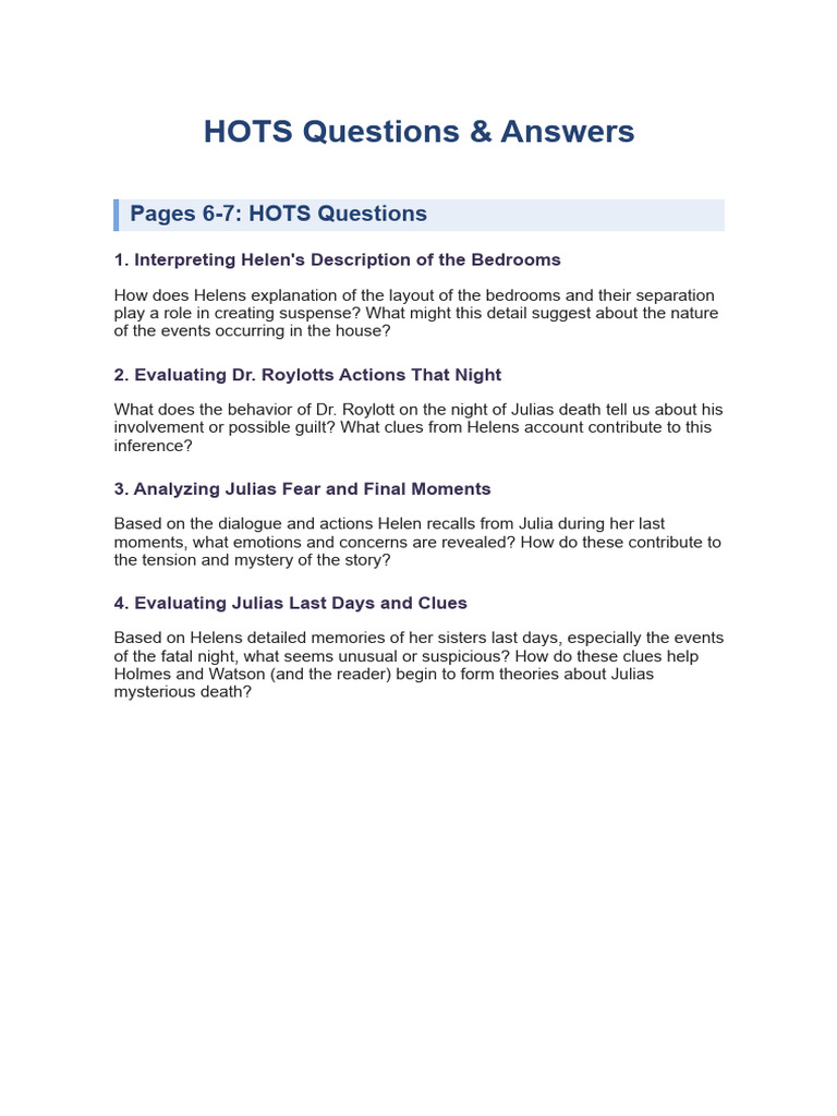 HOTS Questions & Answers - The Adventure of The Speckled Band - Part2 | PDF
