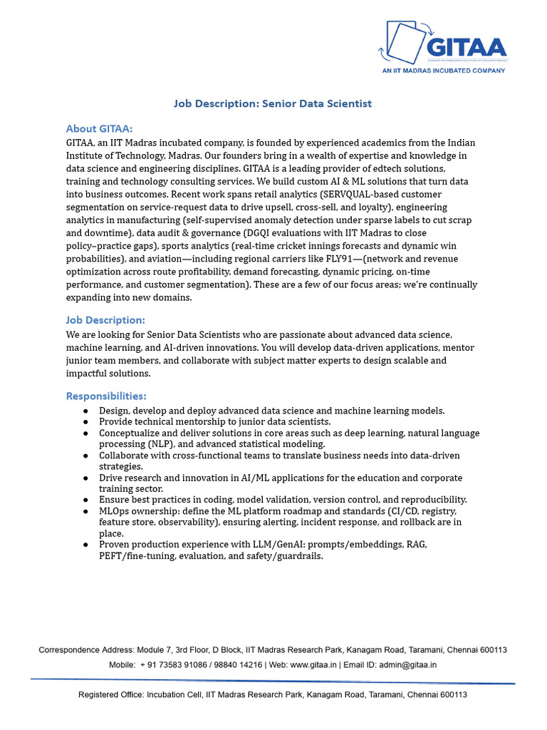 Senior Data Scientist Job at GITAA | PDF | Machine Learning | Data Science