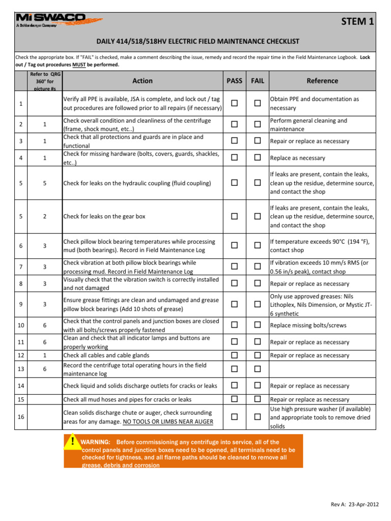 Daily and Weekly Centrifuge Maintenance Checklist | PDF | Screw | Wear