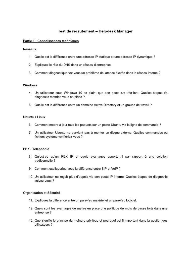 Test de recrutement : Helpdesk Manager | PDF | Pare-feu (informatique ...