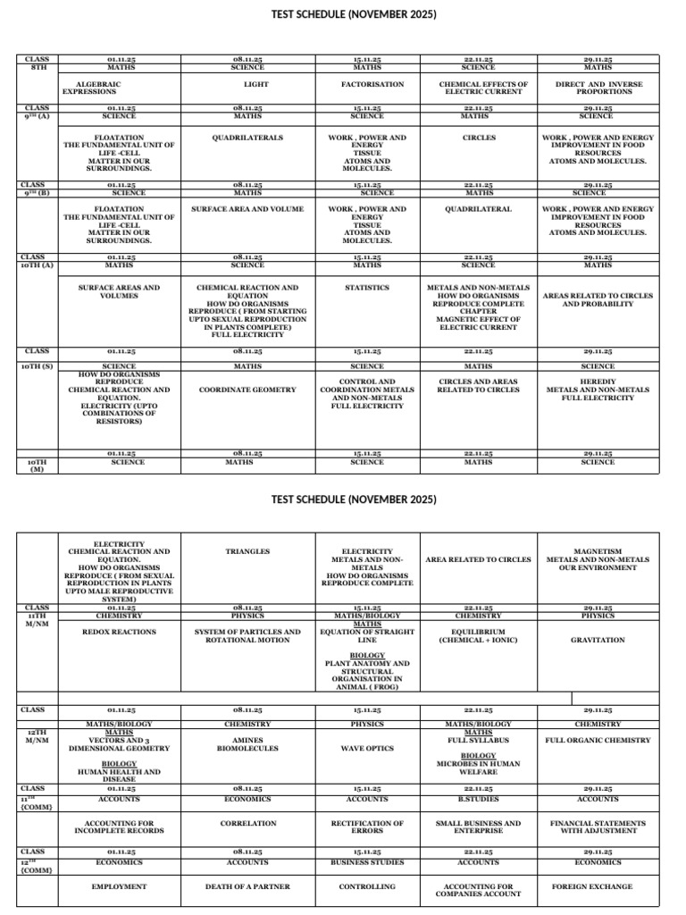 November 2025 Test Schedule | PDF | Mathematics | Chemistry