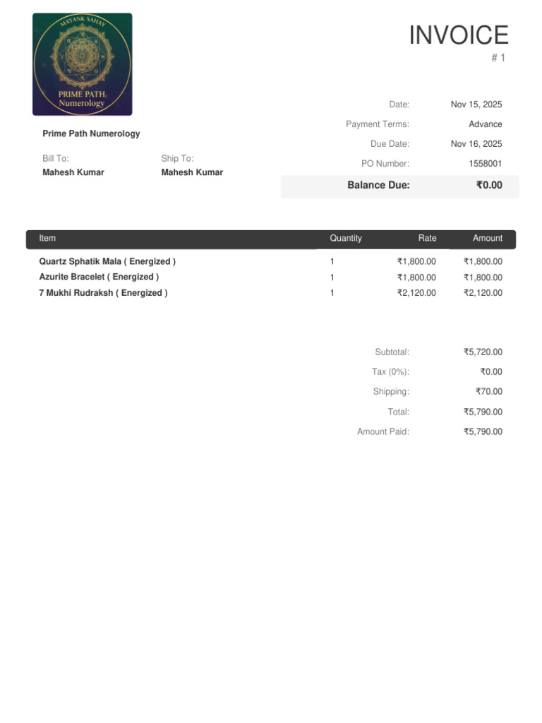 Invoice for Energized Gemstone Items | PDF