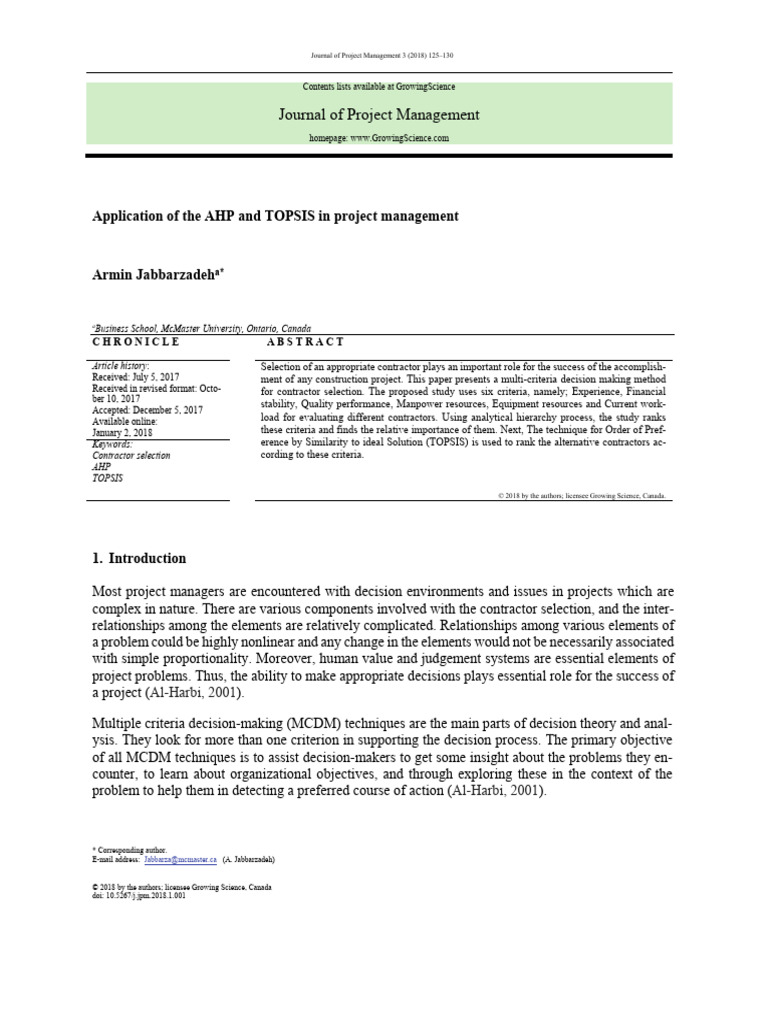 Application of The AHP and TOPSIS in Project Management | PDF | Applied ...