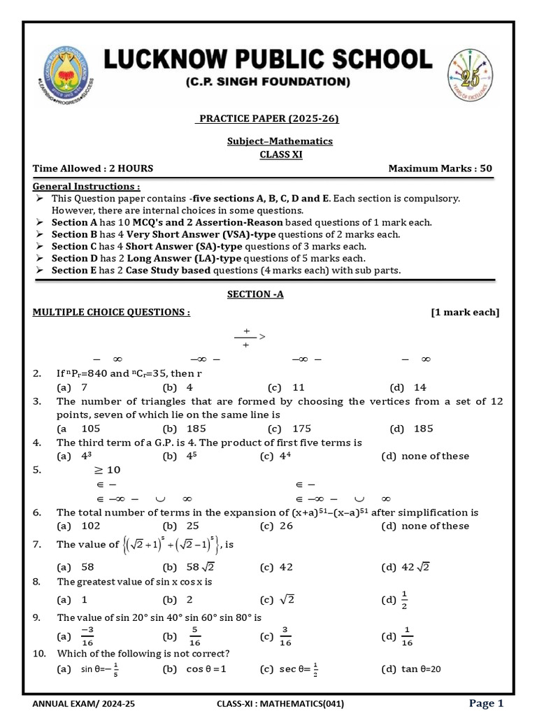 Class XI Mathematics Practice Paper 2025-26 | PDF | Euclidean Geometry ...