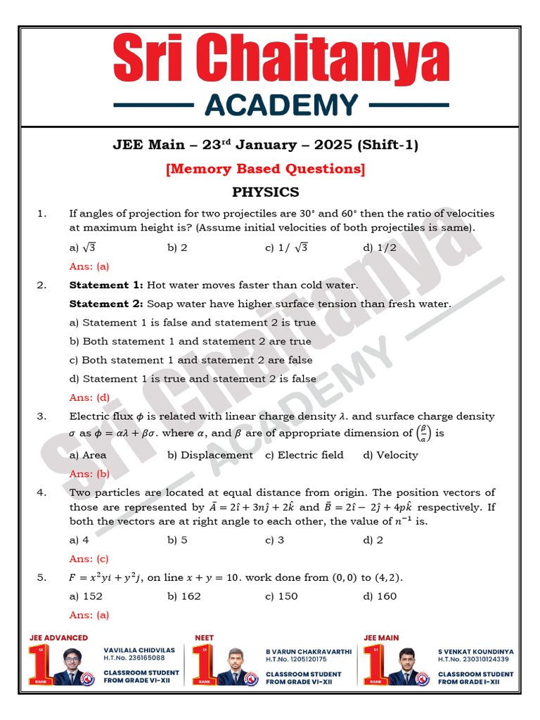 JEE Main 23rd Jan Shift 1 2025 Paper Solution | PDF | Physical ...