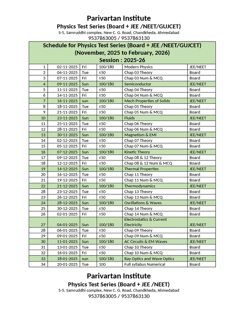 Physics Test Series Schedule 2025-26 | PDF | Physics | Physical Phenomena
