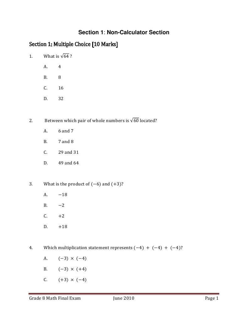 Grade 8 Math Final Exam June 2010 | PDF | Area | Geometry