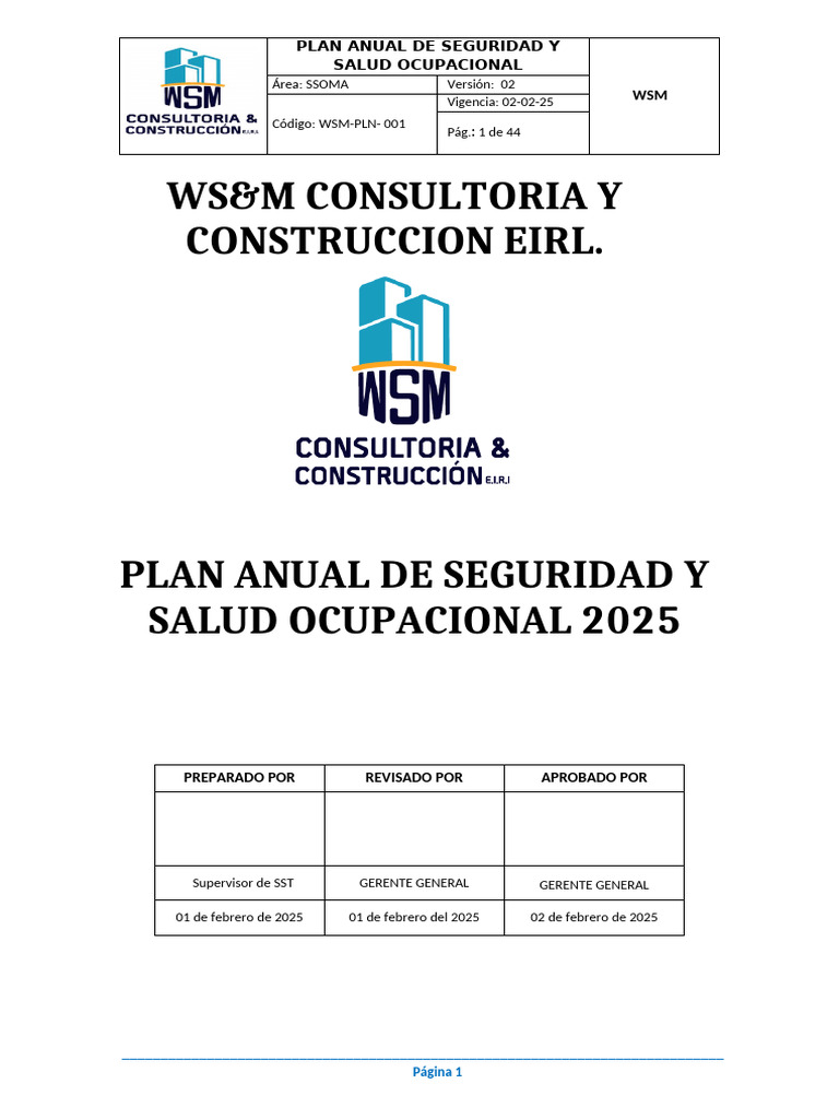 PLN - 001 Plan Anual de Seguridad y Salud Ocupacional 2025 | PDF ...