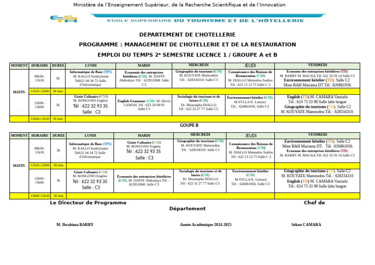 Emploi du temps Licence 1 Hôtellerie 2024 | PDF | Science