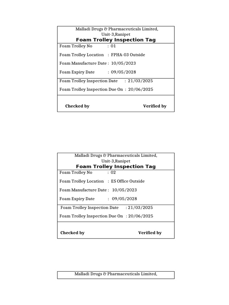 Foam Trolley Inspection Tag | PDF