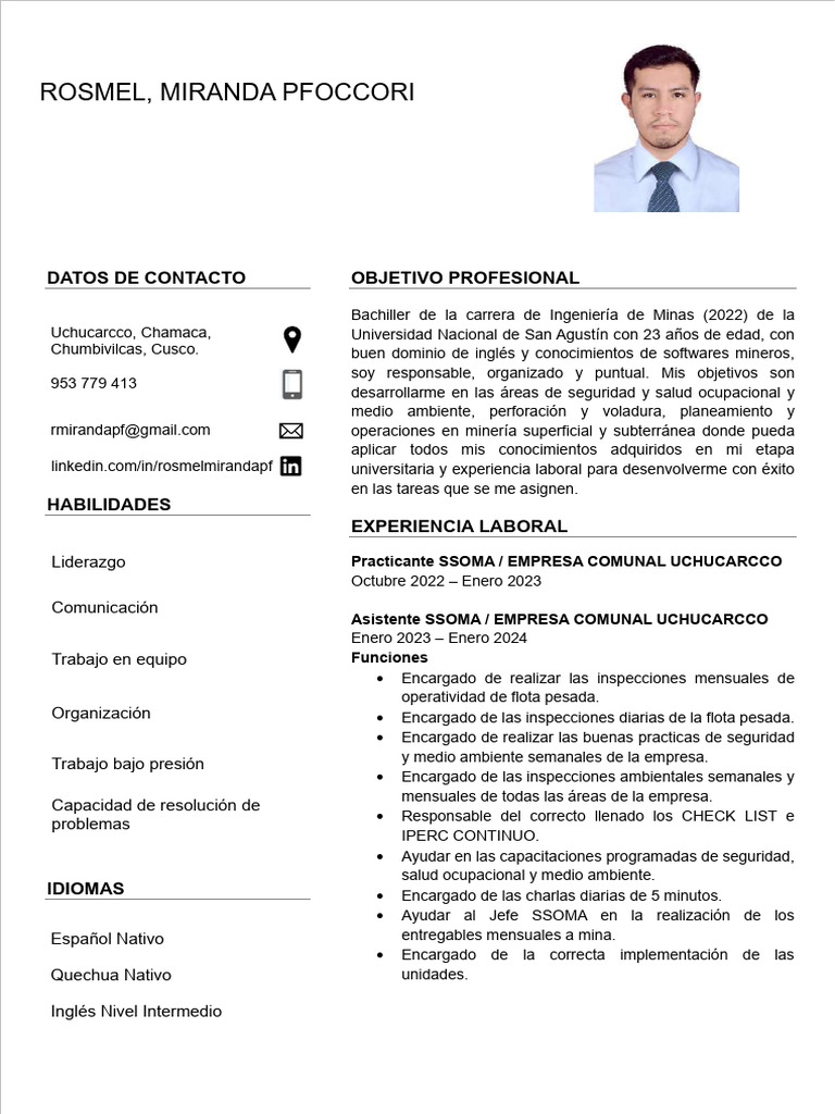 CV - Rosmel Miranda Pfoccori | PDF | Minería
